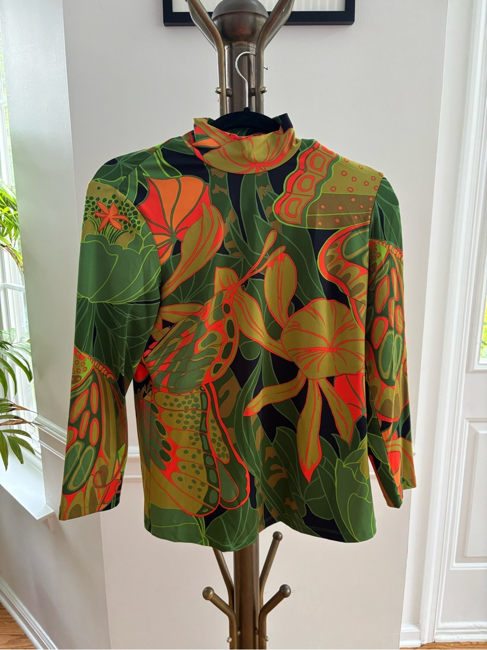 JB by Julie Brown Olive Green and Orange Floral Mock Neck Long Sleeve Top